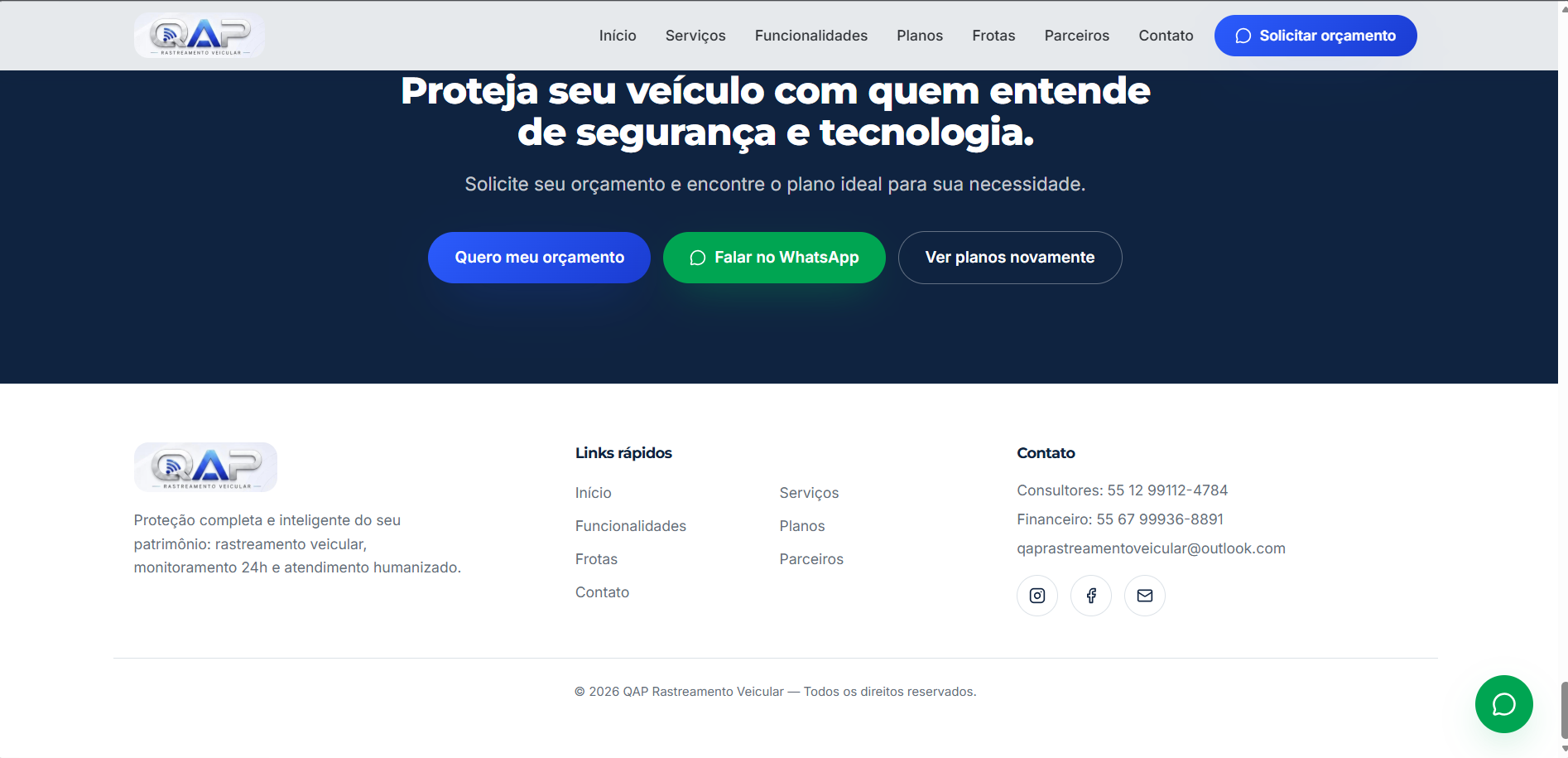 Chamada final para orçamento e rodapé do site QAP Rastreamento