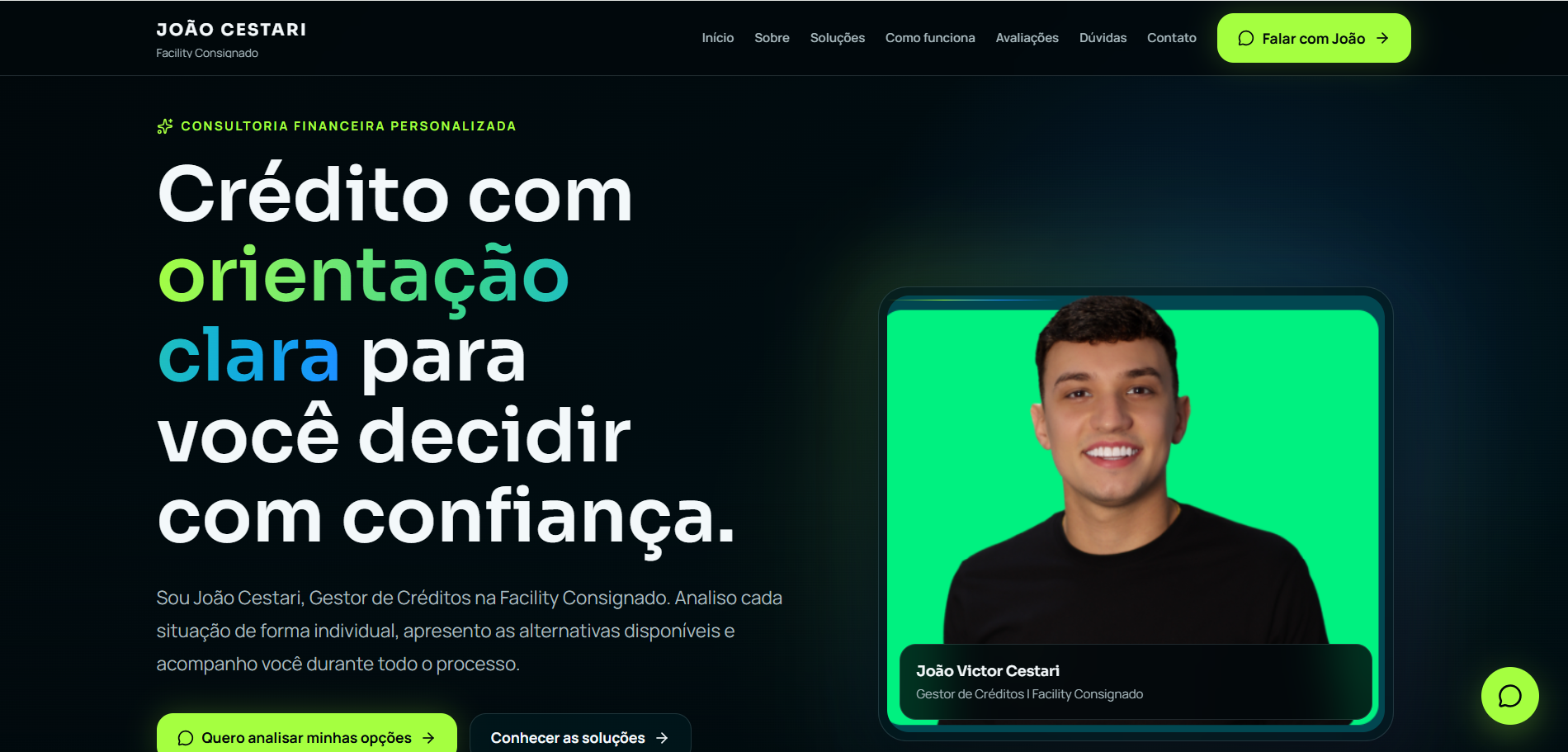 Página inicial da landing page de João Cestari em um computador