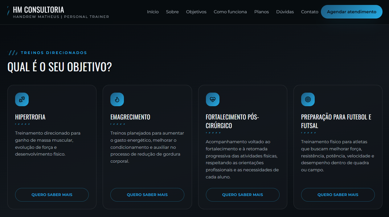Objetivos de treinamento apresentados na landing page de Handrew Matheus