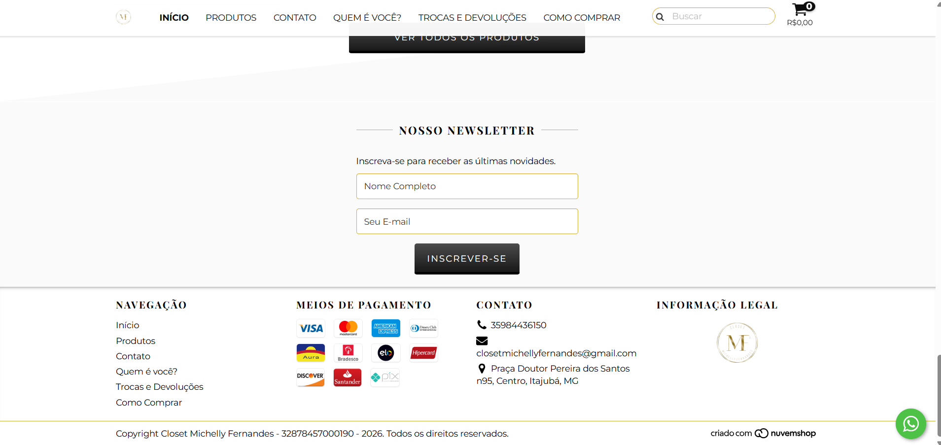 Rodapé com newsletter e contato da loja Closet Michelly Fernandes