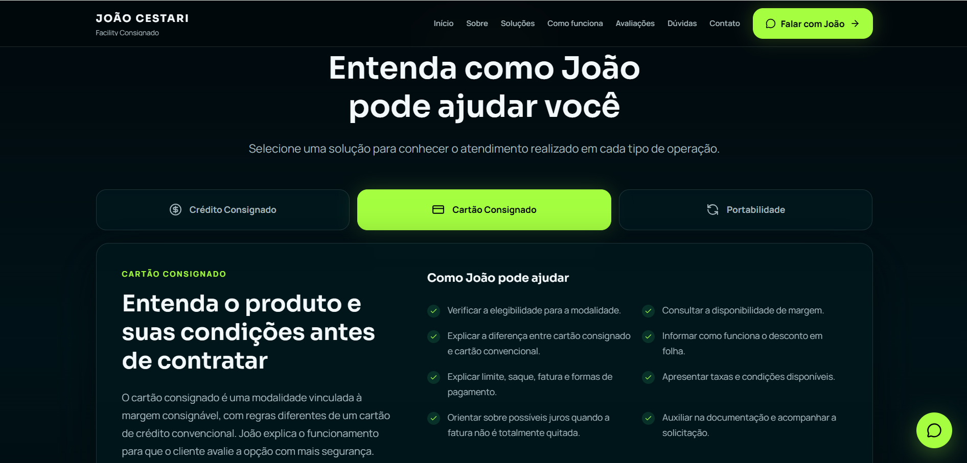 Soluções financeiras apresentadas na landing page de João Cestari