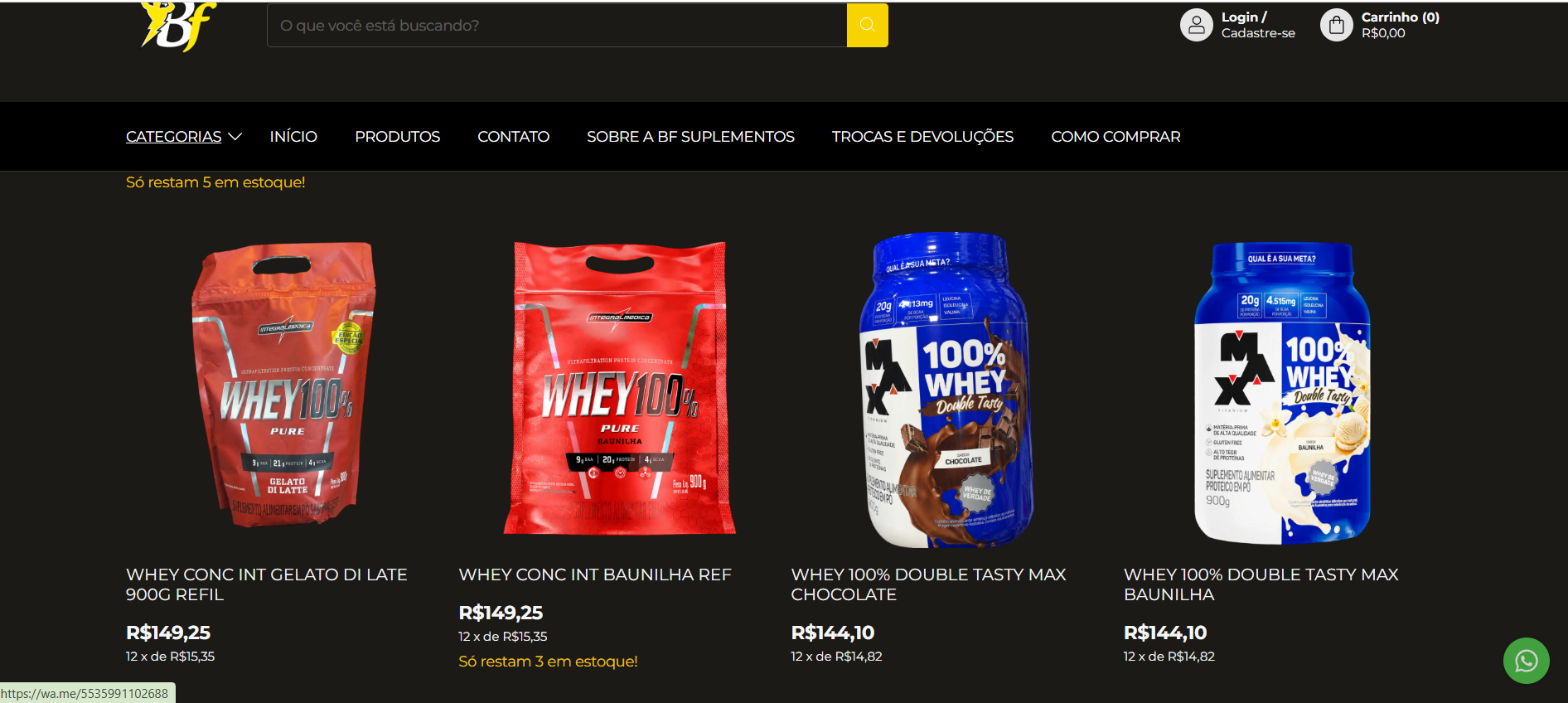 Vitrine de whey protein da loja BF Suplementos
