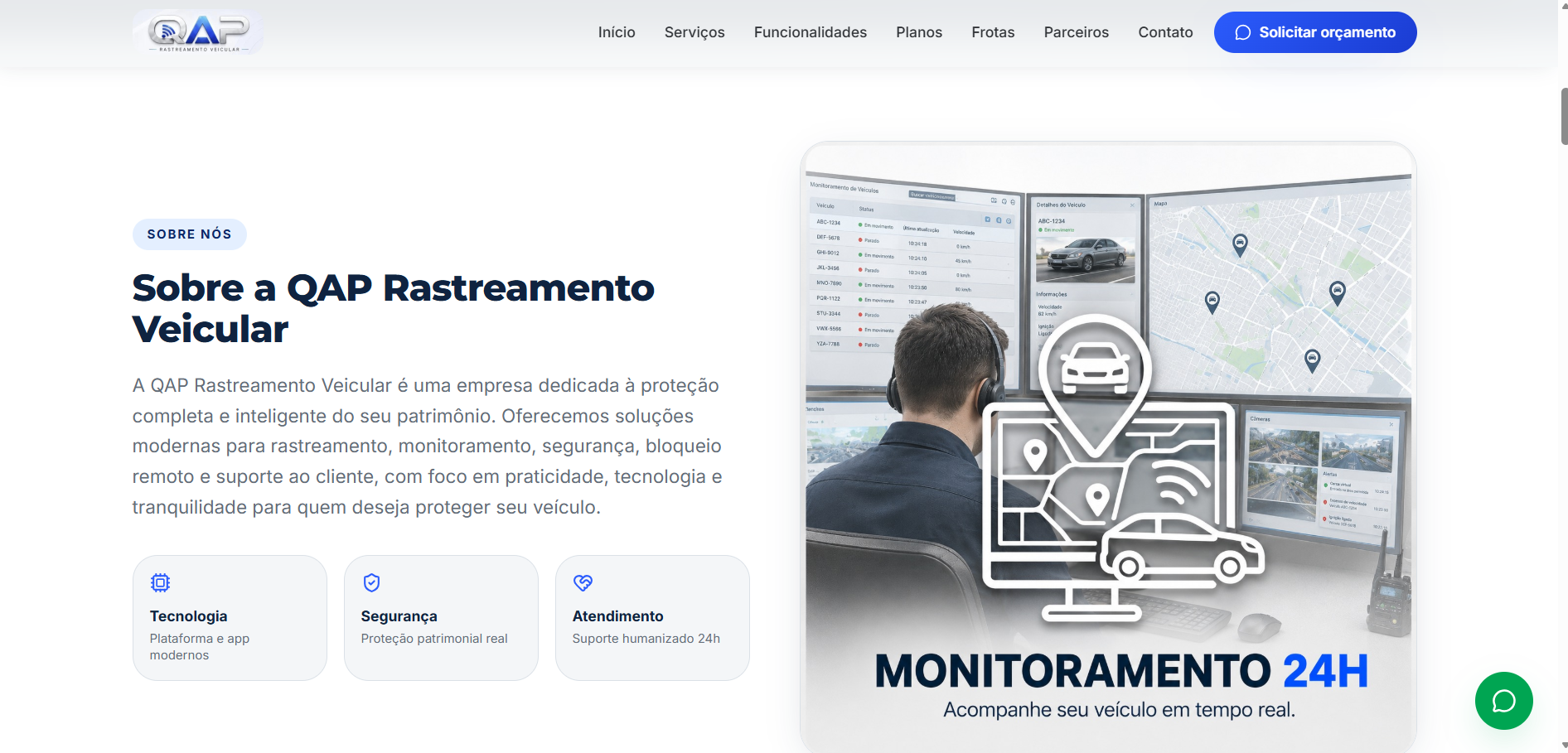 Seção sobre a empresa do site QAP Rastreamento
