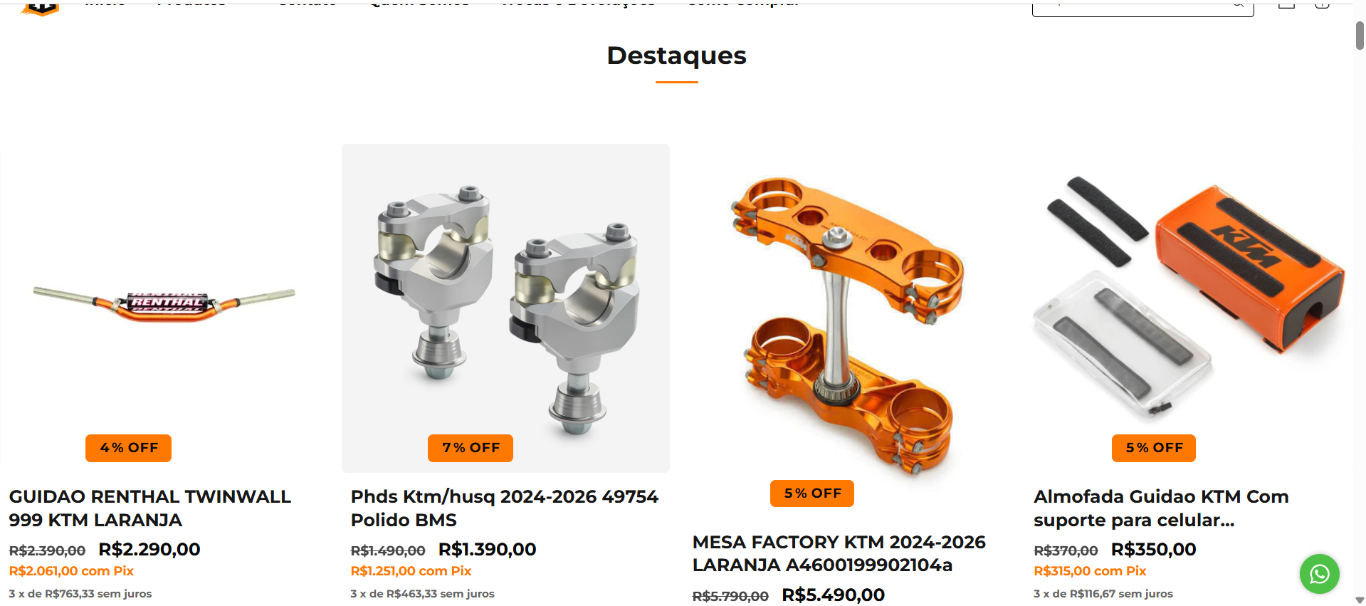 Vitrine de produtos em destaque da loja Herbert Motos KTM