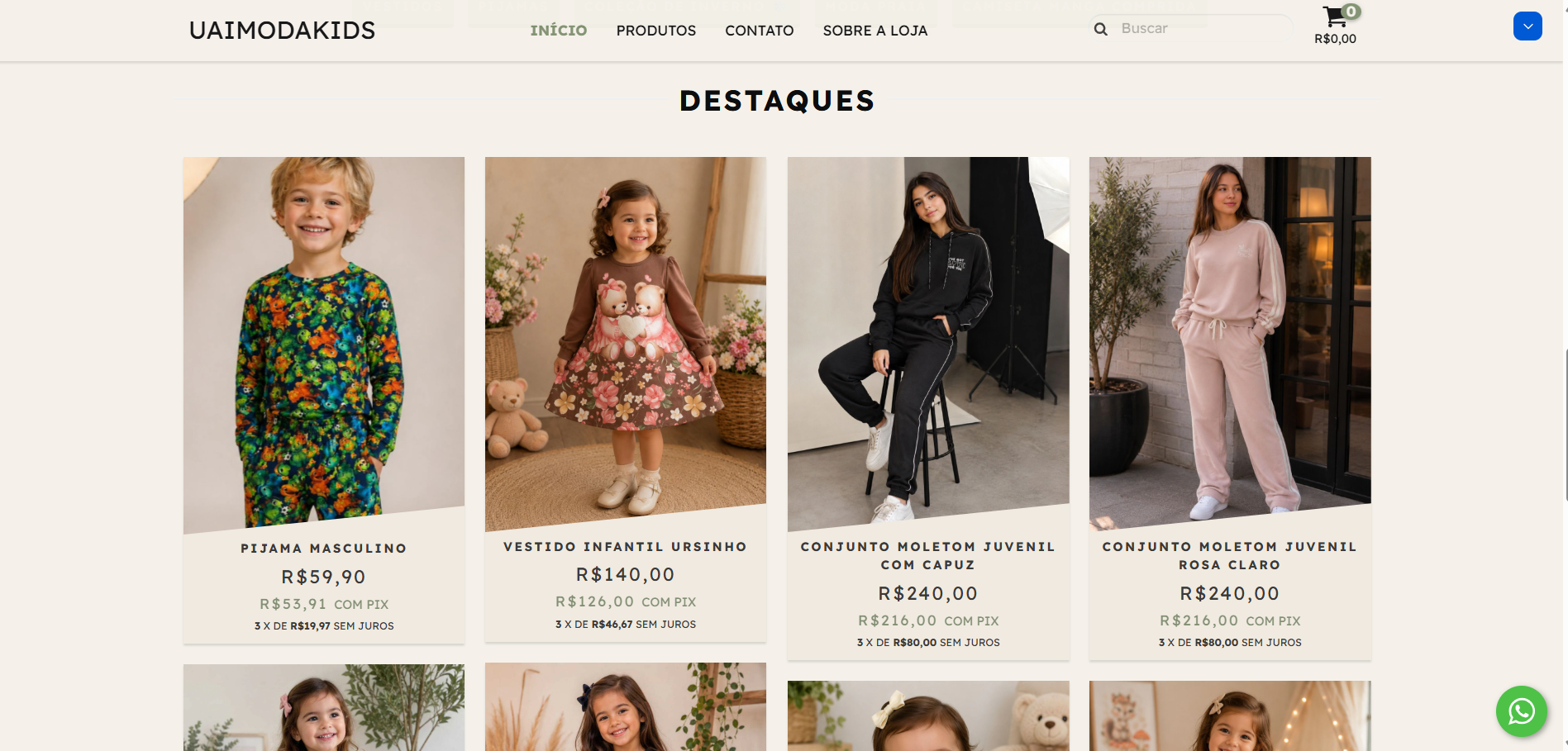 Vitrine de produtos em destaque da loja Uai Moda Kids