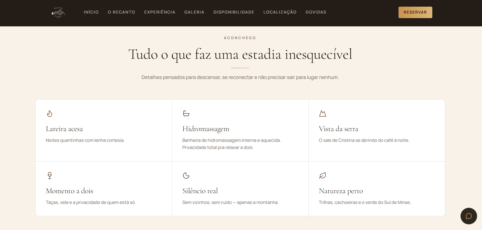 Seção de comodidades do site Recanto do Anil