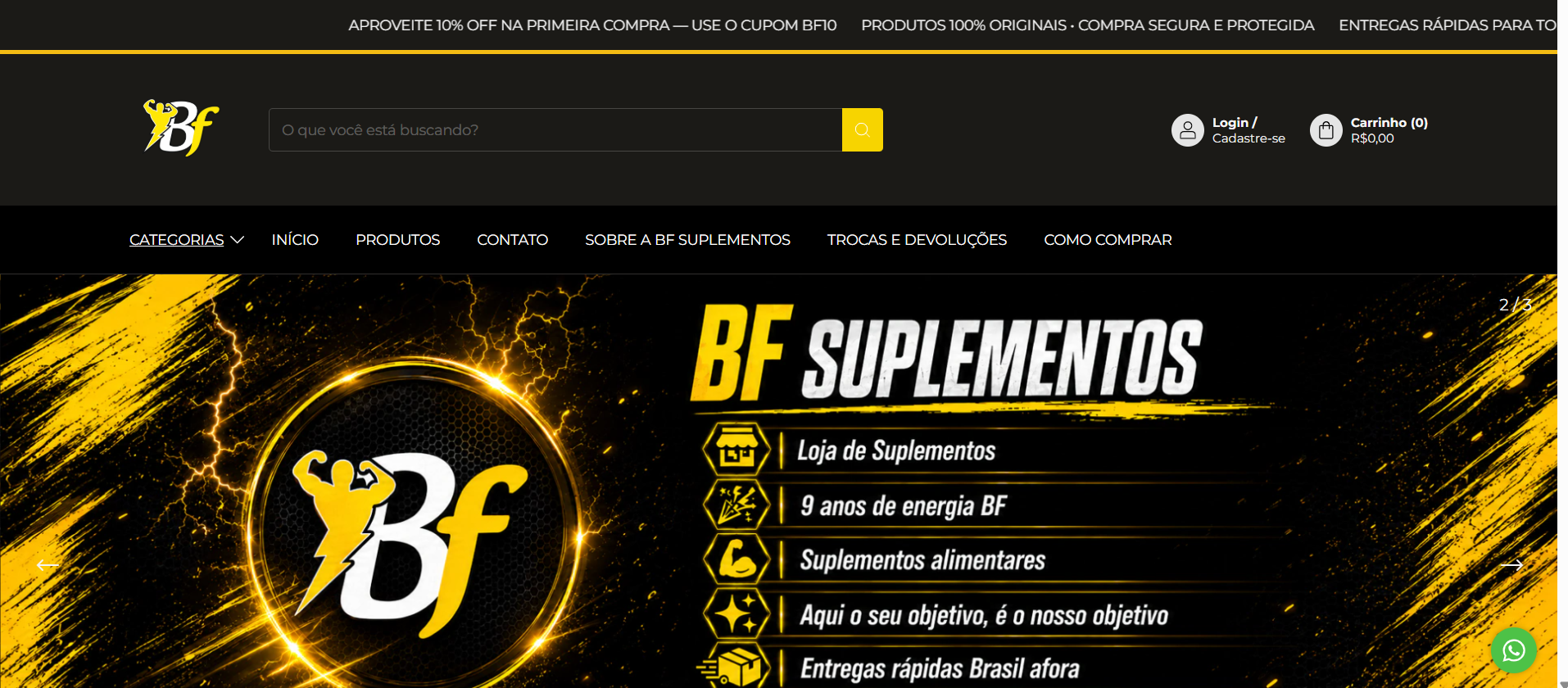 Página inicial da loja BF Suplementos em um computador
