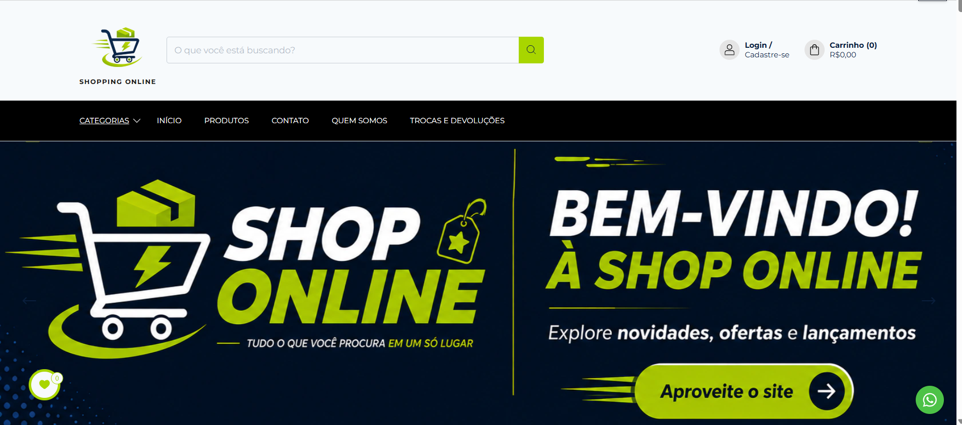 Página inicial da loja Shopping Online em um computador