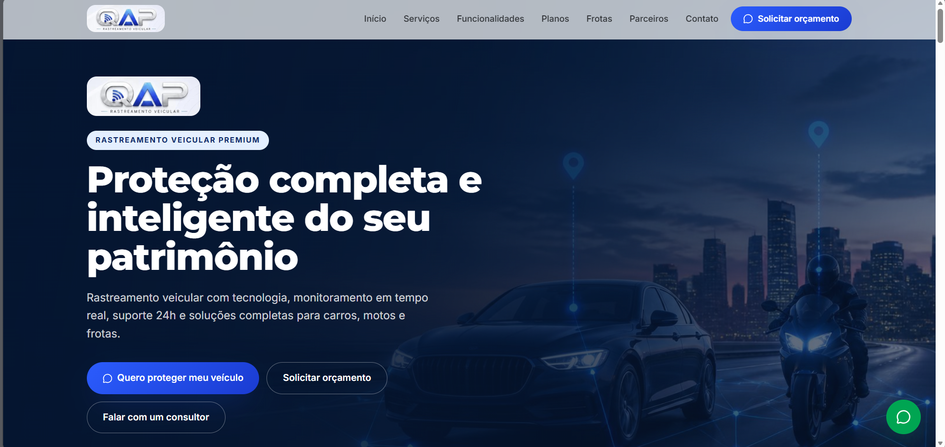 Página inicial do site QAP Rastreamento em um computador