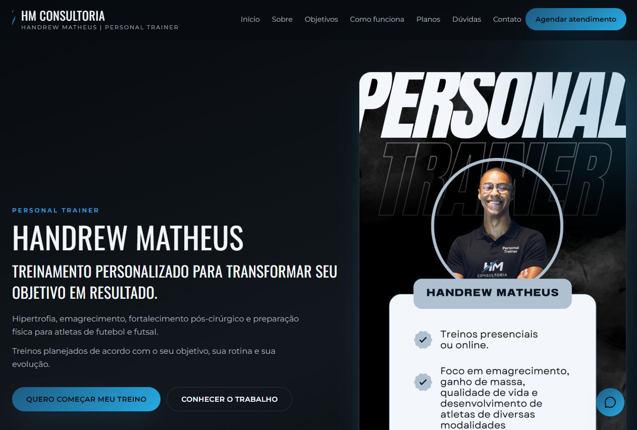 Página inicial da landing page de Handrew Matheus em um computador
