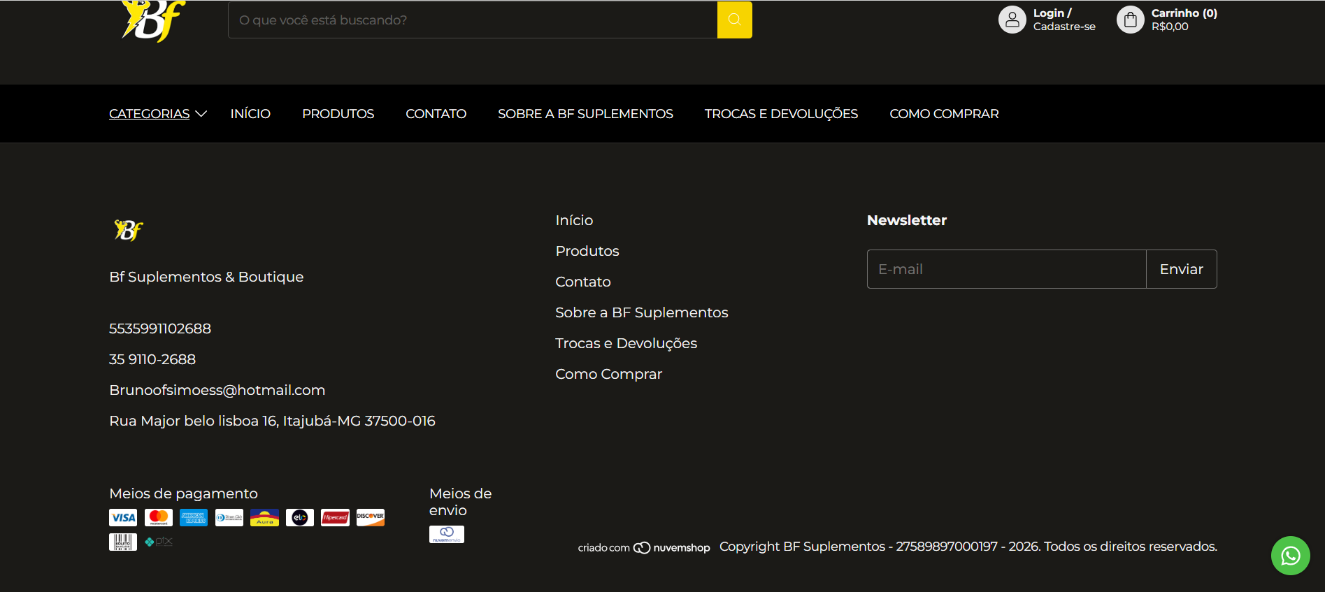 Rodapé com informações de contato da loja BF Suplementos