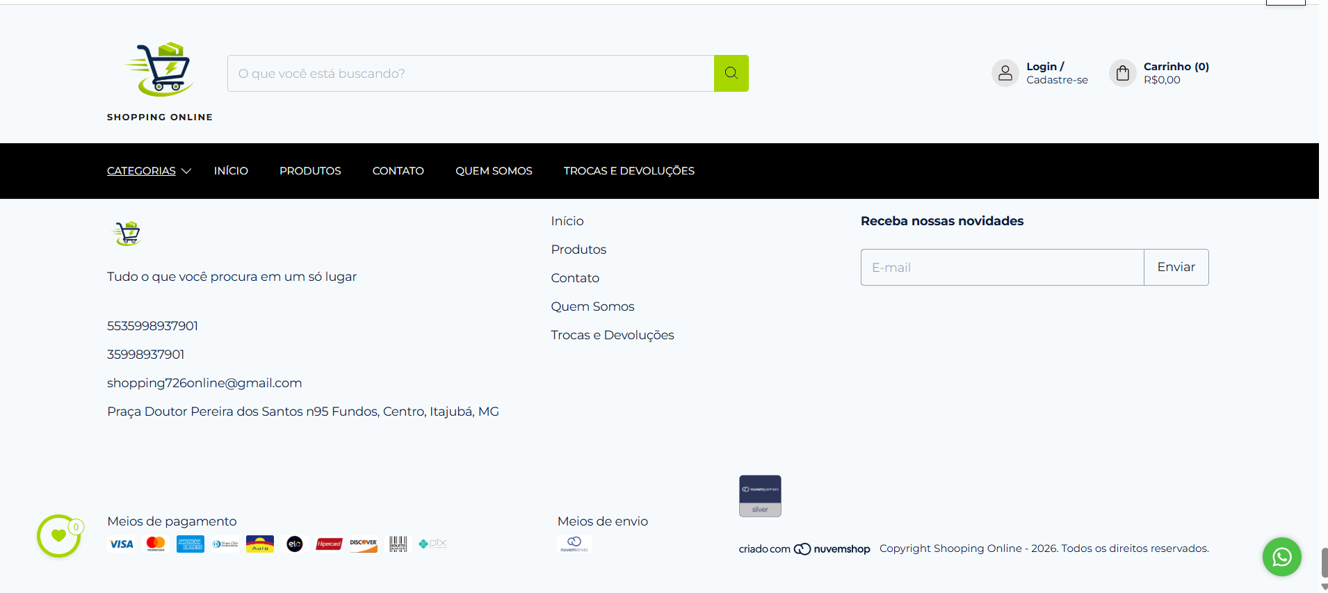 Rodapé com informações de contato da loja Shopping Online