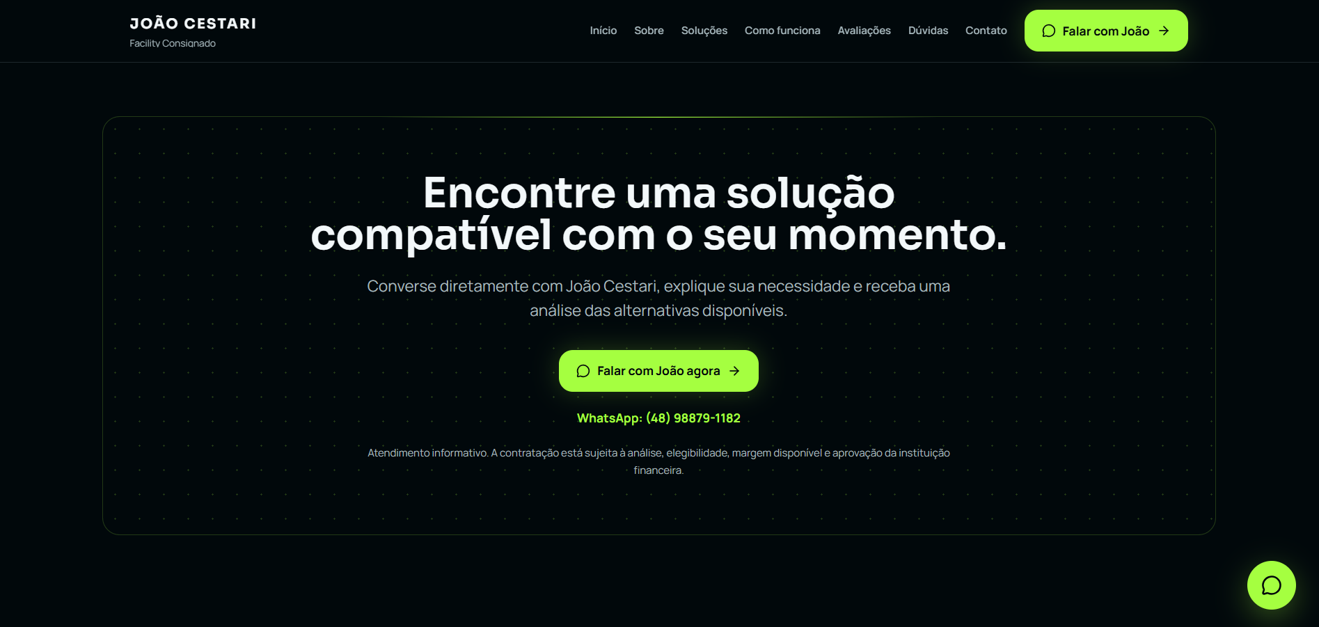 Chamada para atendimento pelo WhatsApp na landing page de João Cestari