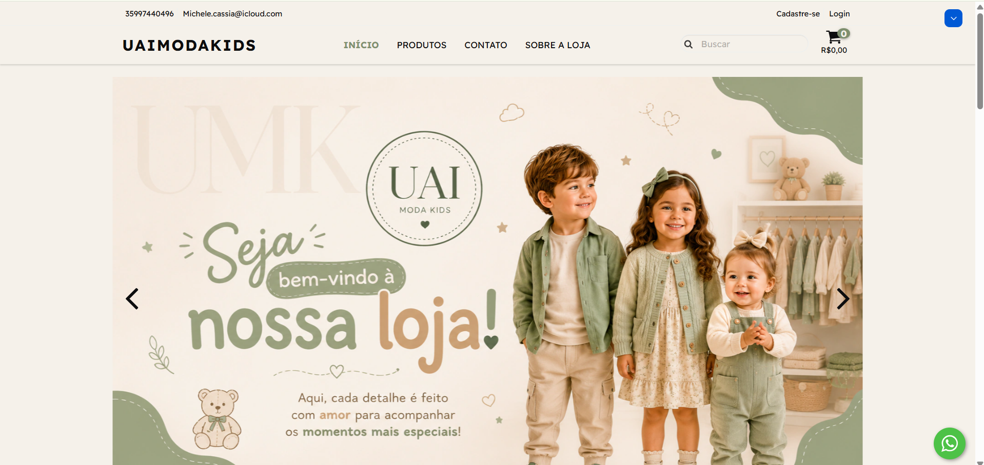 Página inicial da loja Uai Moda Kids em um computador