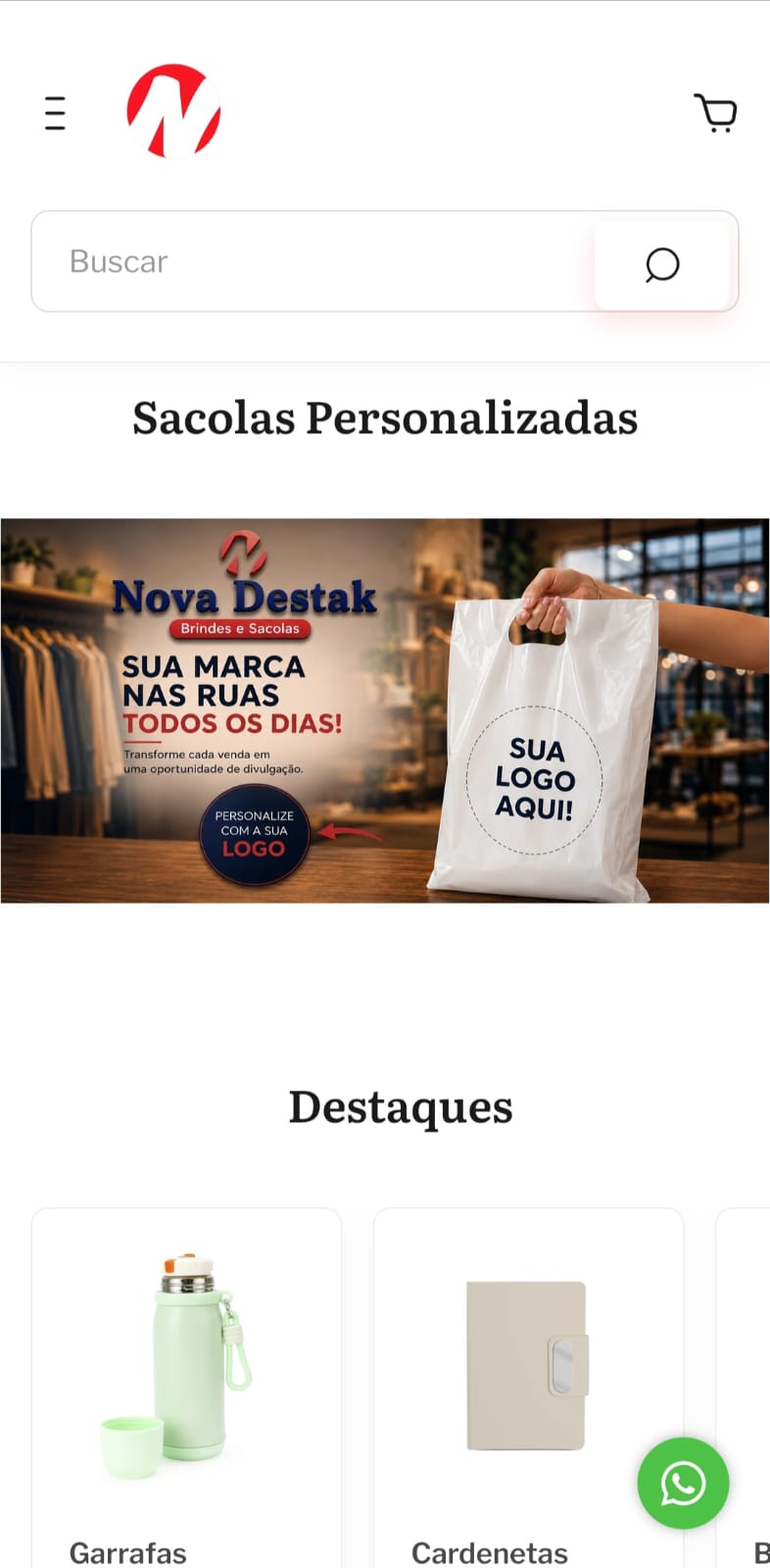 Categorias e produtos da loja Nova Destak exibidos em um celular