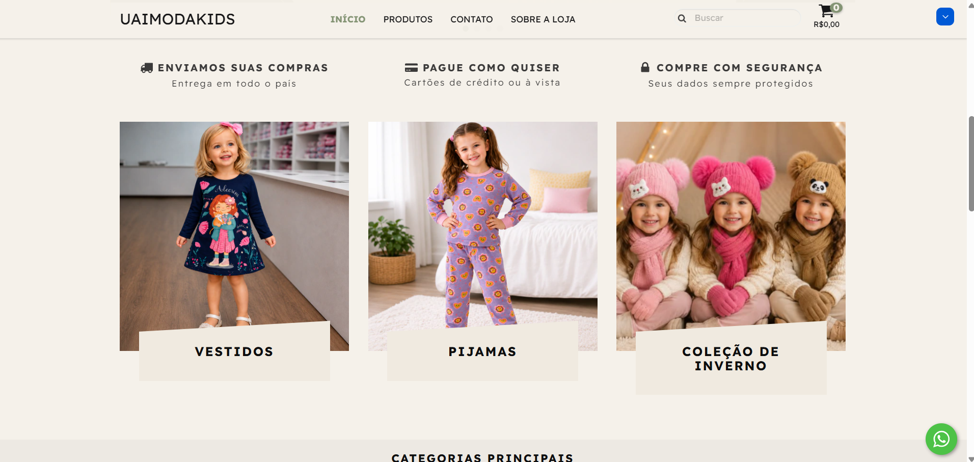 Categorias de vestidos, pijamas e inverno da loja Uai Moda Kids